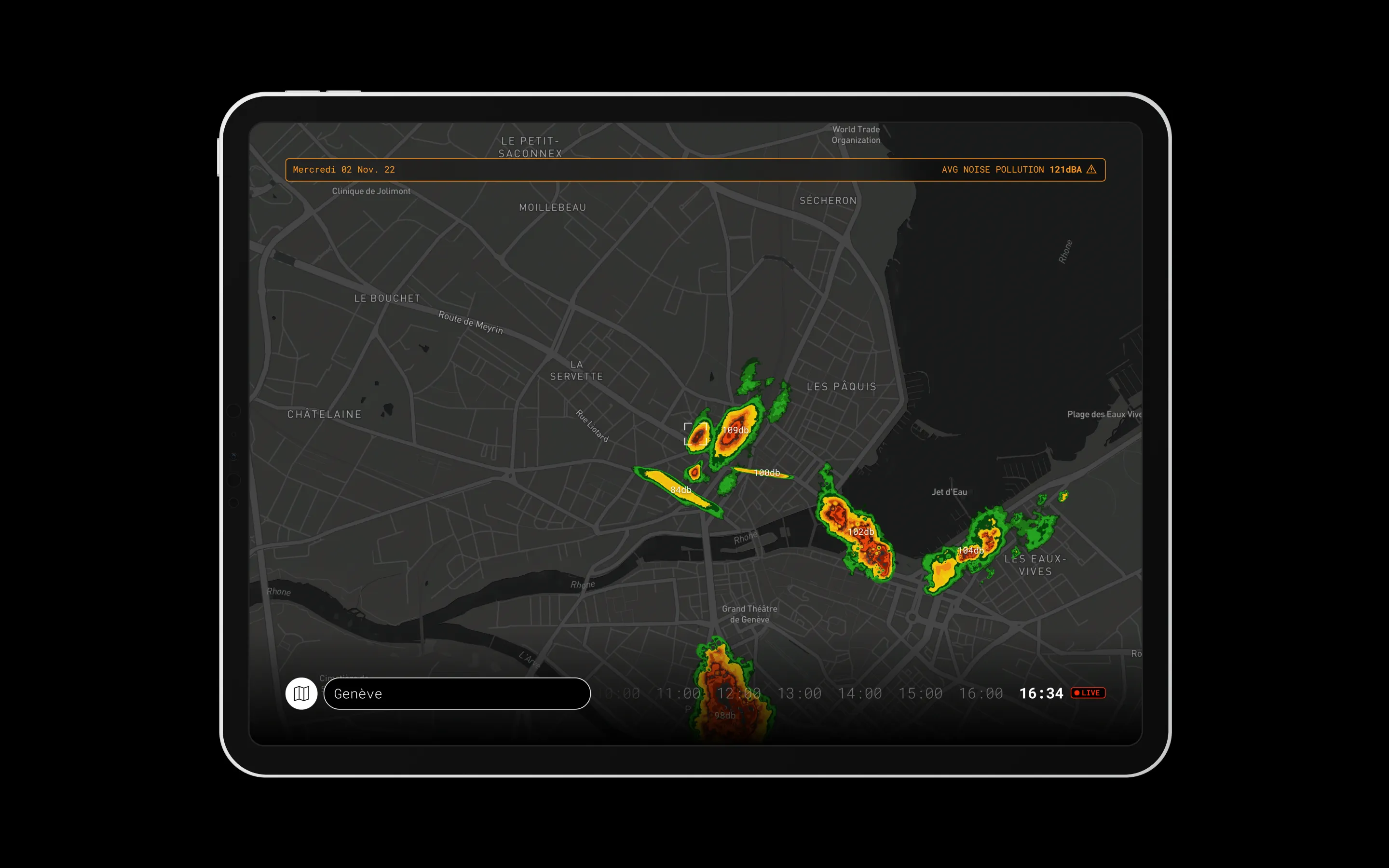 City Meter app open on the Map View of Geneva, Switzerland.
