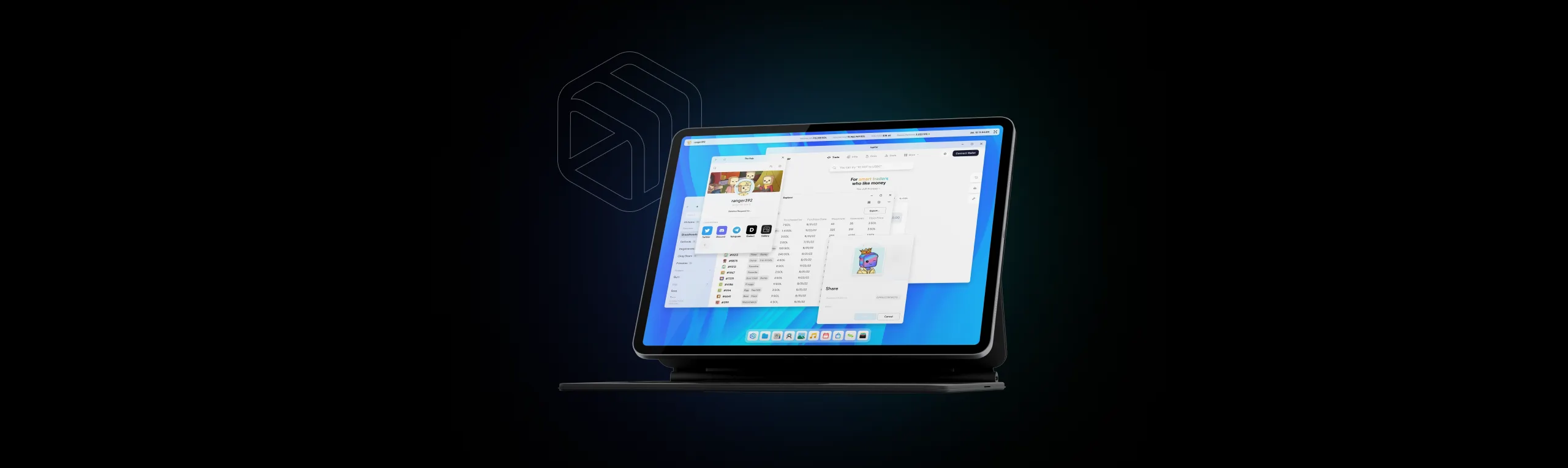 An iPad Pro showing the desktop of DreamOS with some apps open like the Hub, Explorer, and Jupiter.