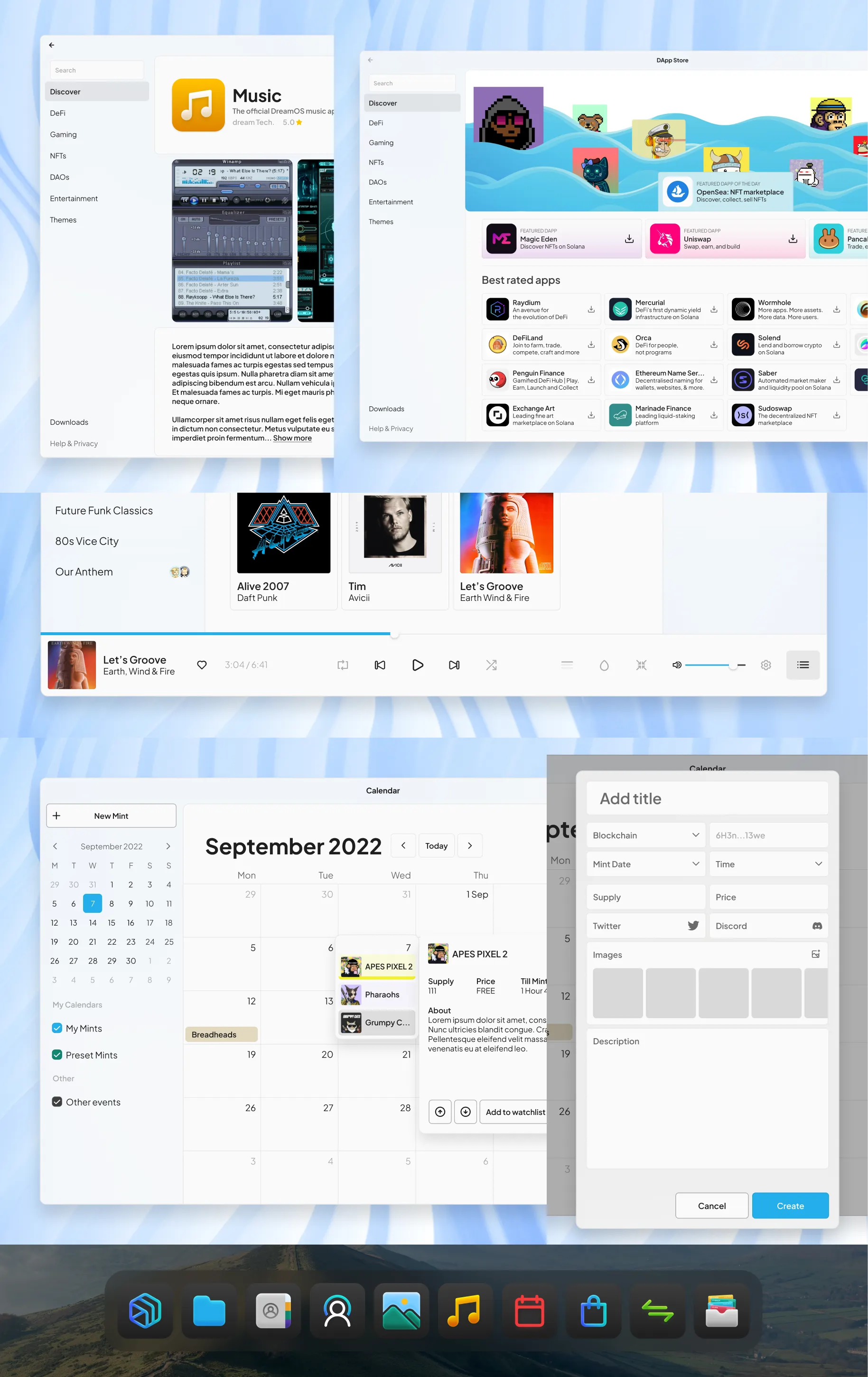 DreamOS's inbox apps like Music, DApp Store, Calendar and the Dock.