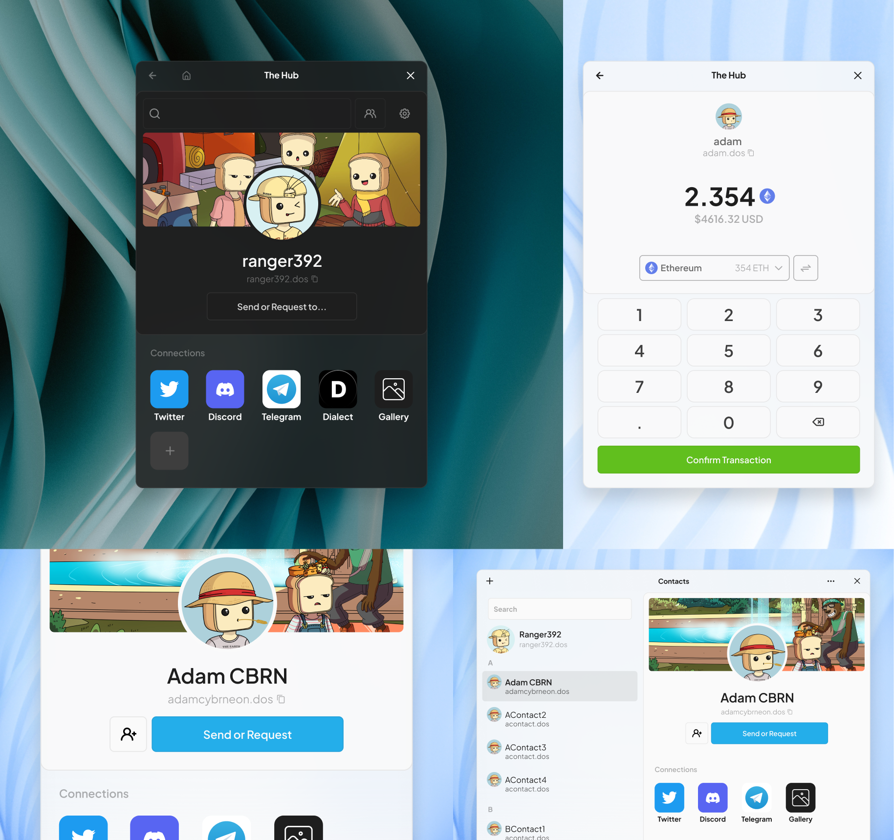 DreamOS's Hub showing the send ETH screen and user profile.