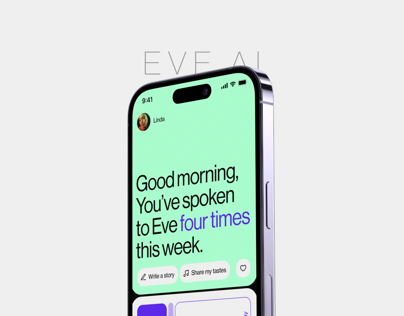 A hand holding an iPhone with the EVE AI app showing the homescreen.